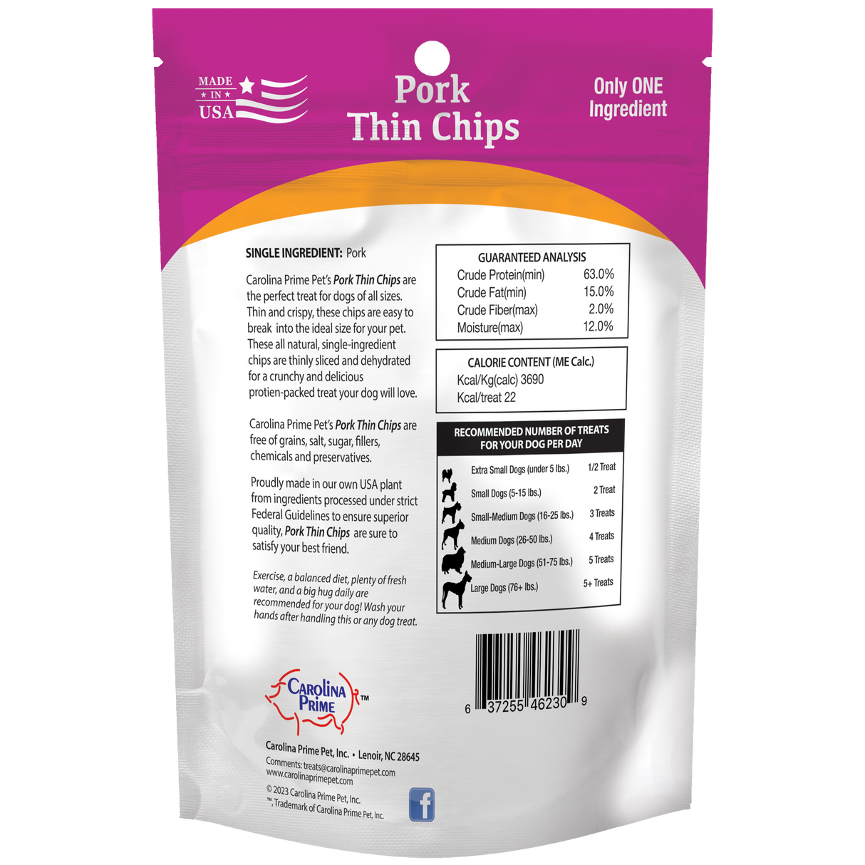 Pork Thin Chips - back of bag with guaranteed analysis and feeding guide