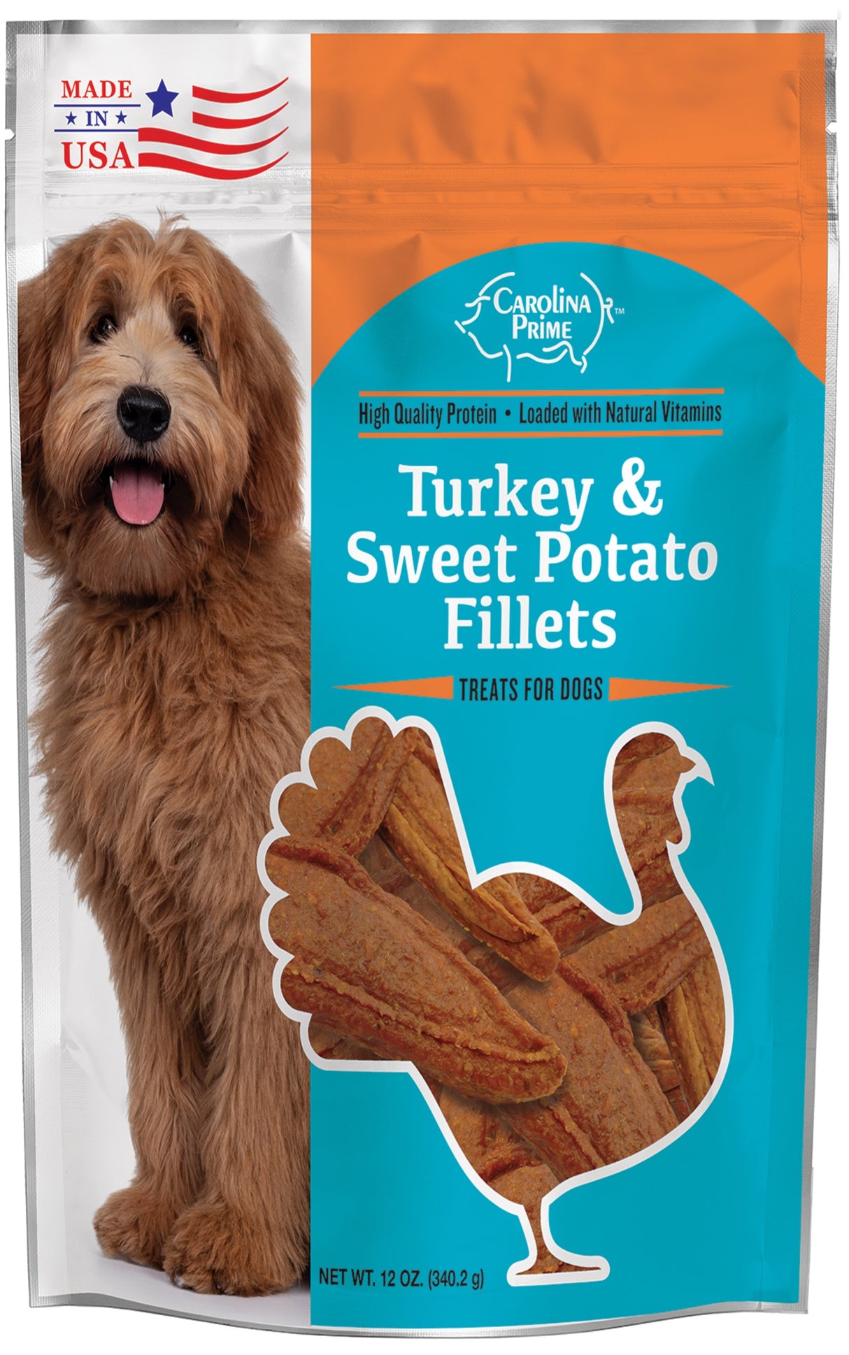 A package of Carolina Prime Pet's Turkey & Sweet Potato Fillets for dogs. The package features an image of a brown dog and a silhouette of a turkey.