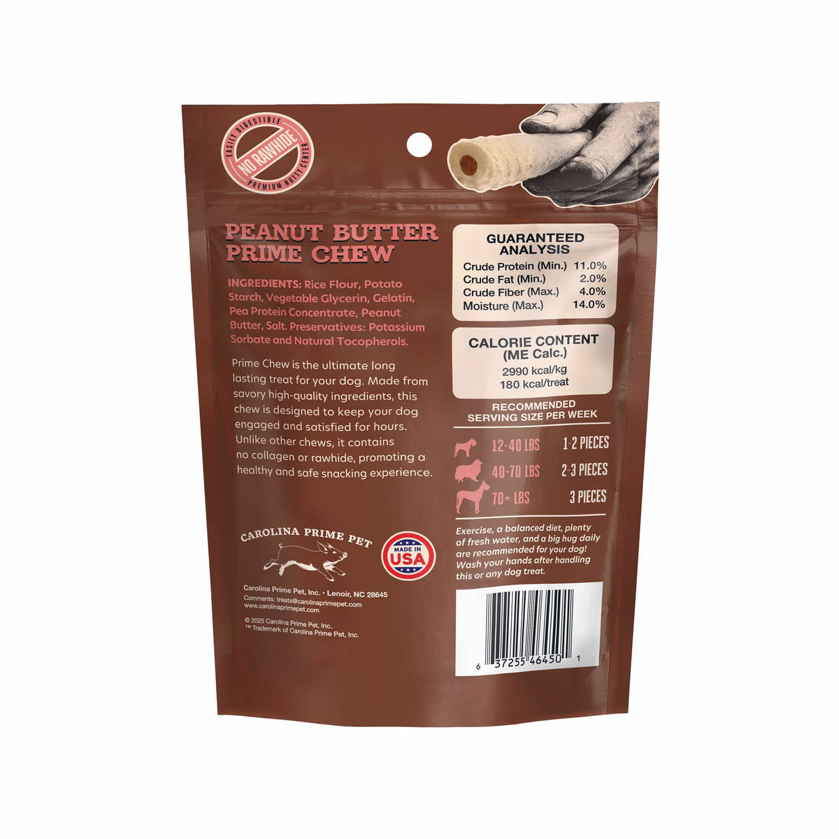 Peanut Butter Prime Chew, 17 oz back of bag with ingredients and guaranteed analysis