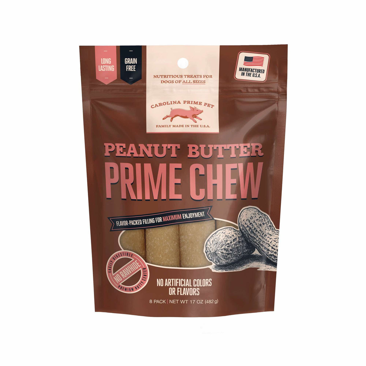 Peanut Butter Prime Chew for dogs, no rawhide long lasting chew, 17 oz front of bag