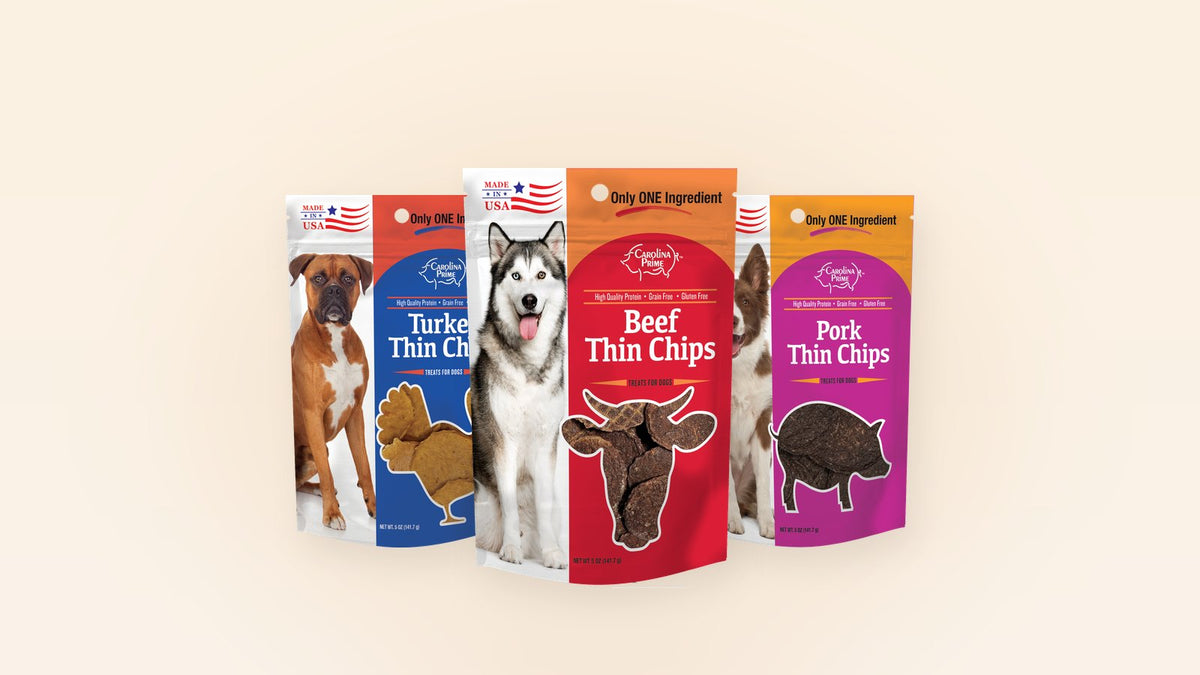 Beef, Pork and Turkey Thin Chips bags, single-ingredient dog training treats from Carolina Prime Pet