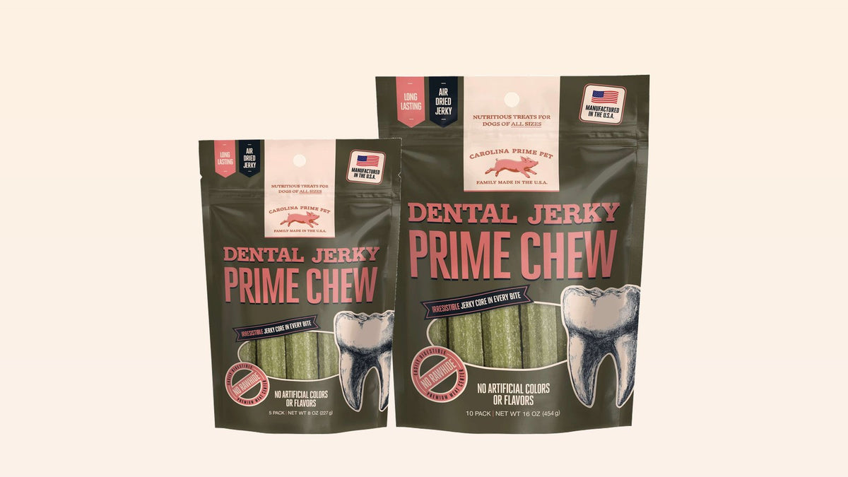 Dental Jerky Prime Chew bags, dental chews for dogs made without rawhide by Carolina Prime Pet