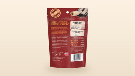 Back of the Beef Jerky Prime Chew bag showing the full dog treat ingredients panel and guaranteed analysis