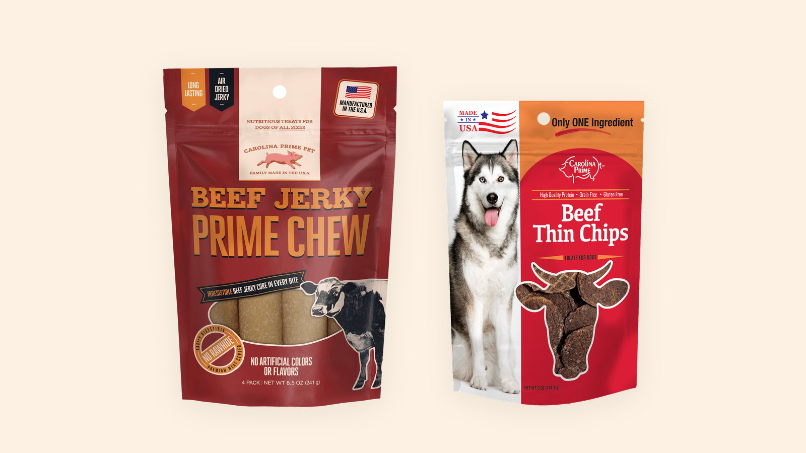 Beef Jerky Prime Chew and Beef Thin Chips bags side by side, the two dog treats compared in this guide