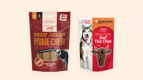 Beef Jerky Prime Chew and Beef Thin Chips bags side by side, the two dog treats compared in this guide