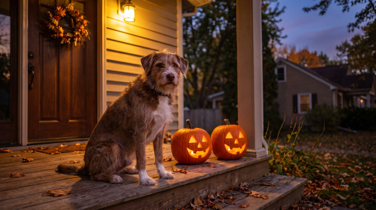 Brown and white dog sitting on a front porch beside two lit jack-o'-lanterns at dusk