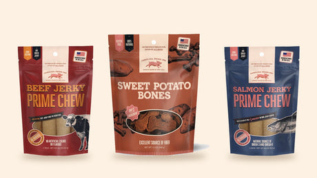 Beef Jerky Prime Chew, Sweet Potato Bones, and Salmon Jerky Prime Chew bags side by side