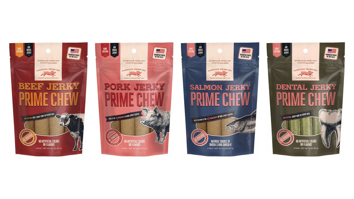 Beef, Pork, Salmon, and Dental Jerky Prime Chew bags, each marked No Rawhide