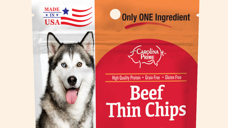 Close view of a Beef Thin Chips bag with its Only ONE Ingredient banner