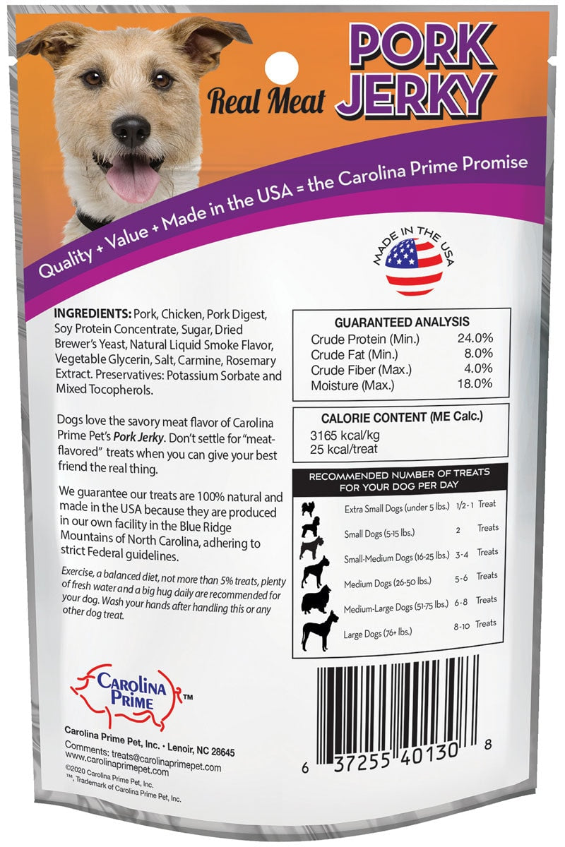 Back of Carolina Prime Pet Pork Jerky dog treats.