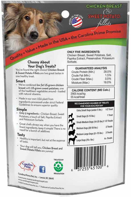 Back of Carolina Prime Pet's Chicken Breast and Sweet Potato Fillets dog treats