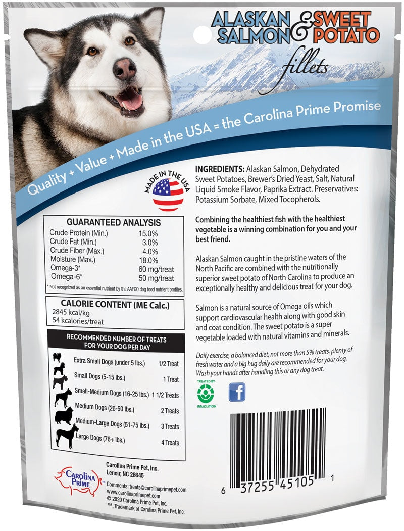 Back of Carolina Prime Pet Salmon and Sweet Potato Fillets dog treats package.