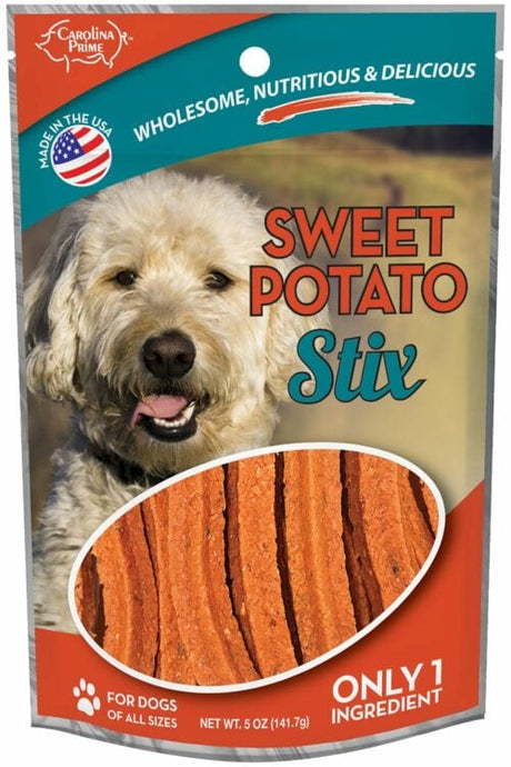 Image of Carolina Prime Pet package of Sweet Potato Stix dog treats (front).