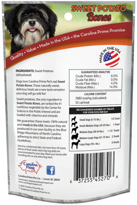 Image of Carolina Prime Pet package of Sweet Potato Bones dog treats (back).