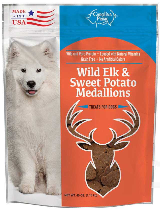 Carolina Prime Pet Wild Elk and Sweet Potato Medallions package (front side).