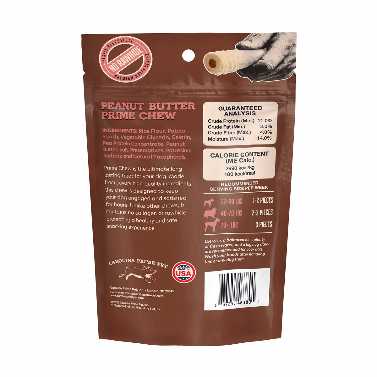 Peanut Butter Prime Chew, 8.5 oz back of bag with ingredients and guaranteed analysis