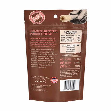 Peanut Butter Prime Chew, 8.5 oz back of bag with ingredients and guaranteed analysis