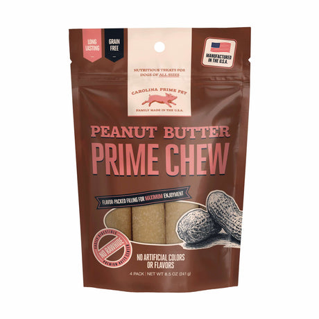 Peanut Butter Prime Chew for dogs, no rawhide long lasting chew, 8.5 oz front of bag