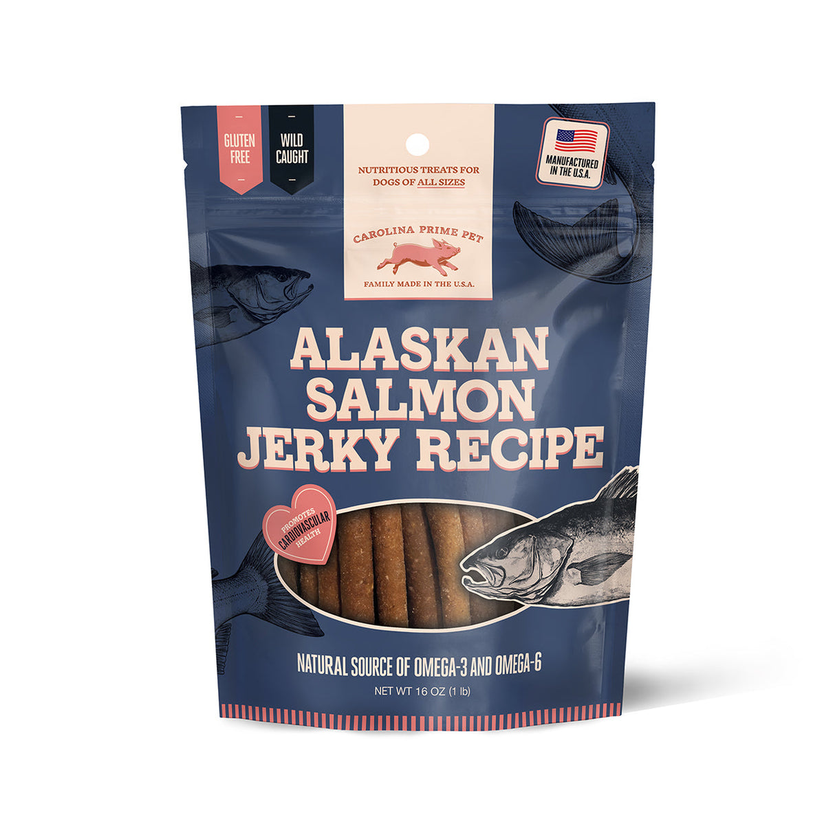 Carolina Prime Pet Alaskan Salmon Jerky Recipe 16 oz (1 lb) front of bag