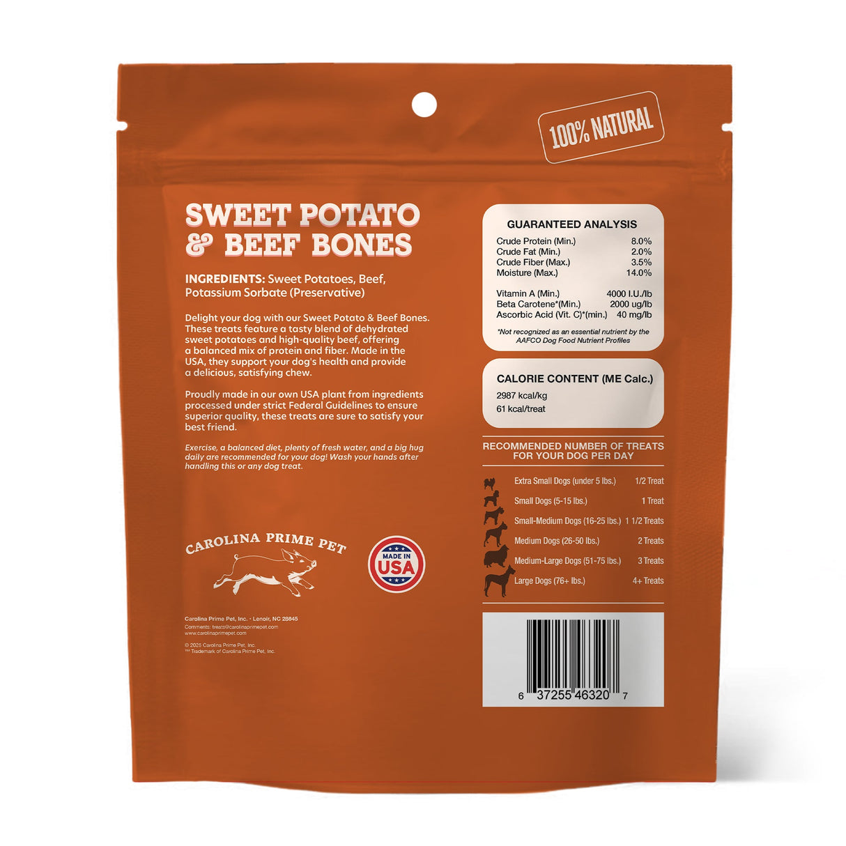 Carolina Prime Pet Sweet Potato & Beef Bones 16oz bag (back) — ingredients, guaranteed analysis, feeding guide.