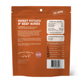 Carolina Prime Pet Sweet Potato & Beef Bones 16oz bag (back) — ingredients, guaranteed analysis, feeding guide.