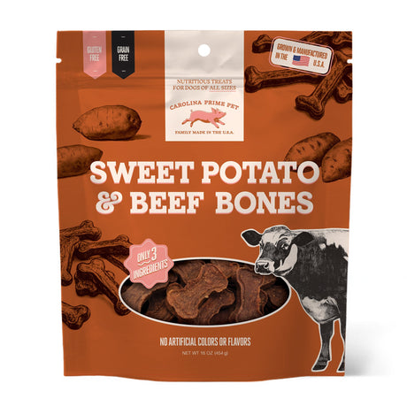 Carolina Prime Pet Sweet Potato & Beef Bones 16oz bag (front).