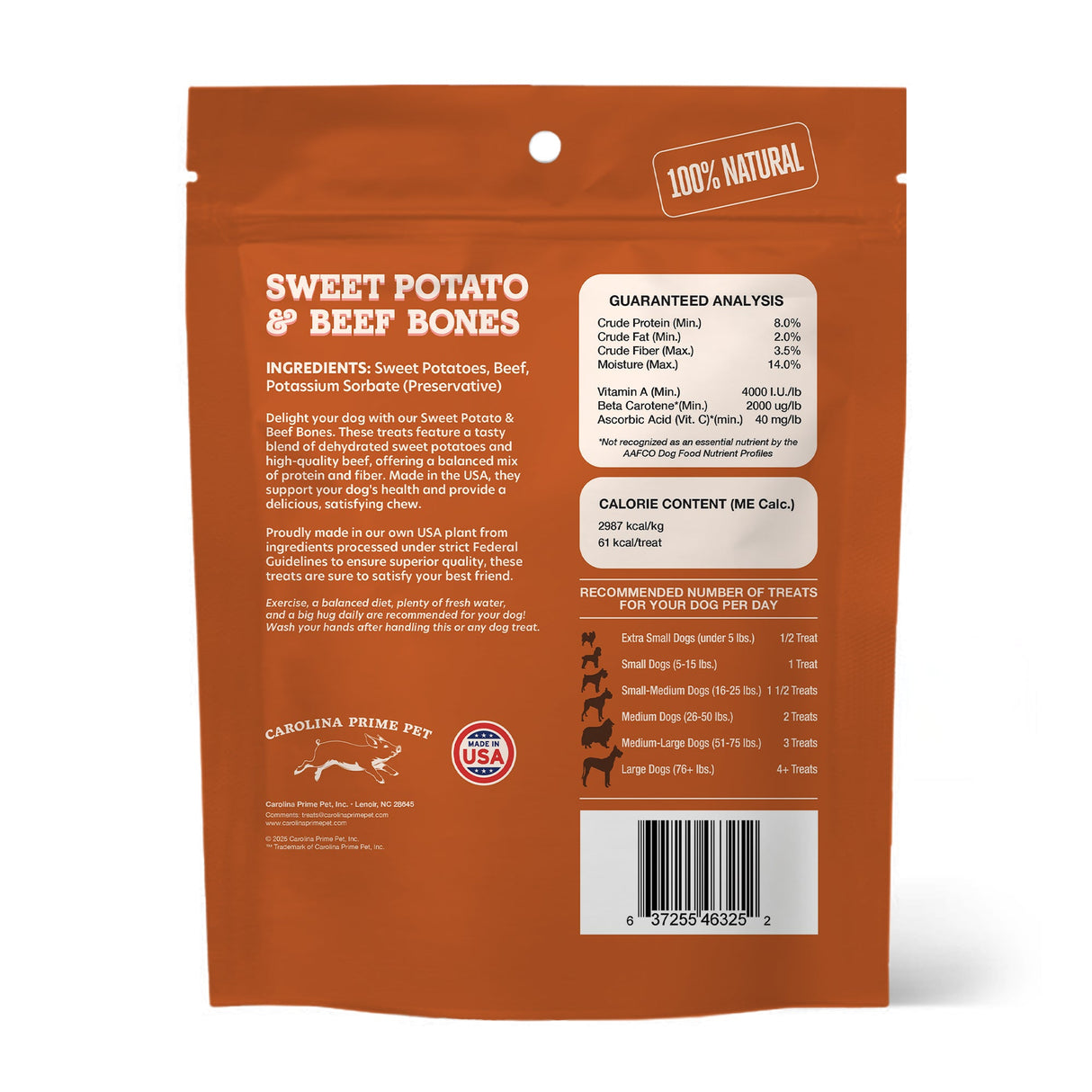 Carolina Prime Pet Sweet Potato & Beef Bones 8oz bag (back) — ingredients, guaranteed analysis, feeding guide.