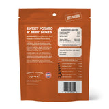 Carolina Prime Pet Sweet Potato & Beef Bones 8oz bag (back) — ingredients, guaranteed analysis, feeding guide.