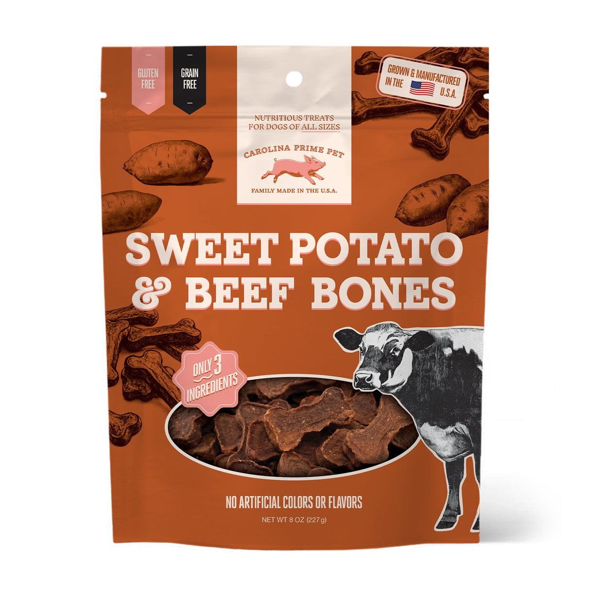 Carolina Prime Pet Sweet Potato & Beef Bones 8oz bag (front).