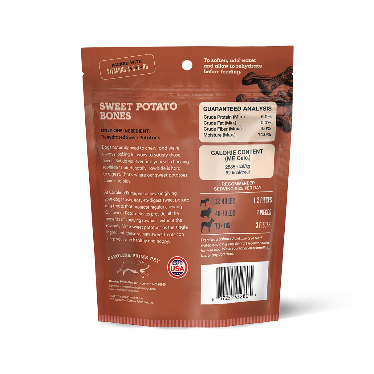 Carolina Prime Pet Sweet Potato Bones 12 oz back of new bag