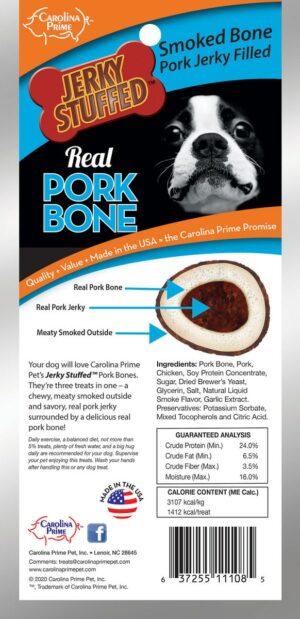 Back of Carolina Prime Pet Pork Jerky Stuffed dog treats