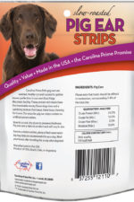 Back of Carolina Prime Pet Pig Ear Strips dog treats package.
