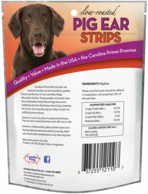 Back of Carolina Prime Pet Pig Ear Strips dog treats package.