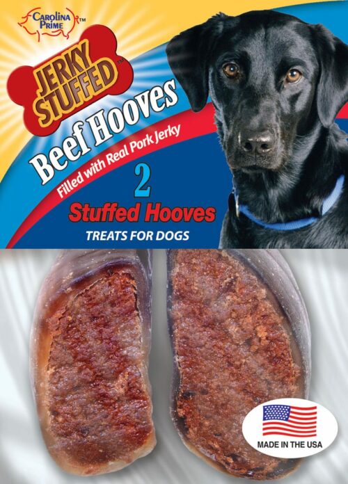 Front of Carolina Prime Pet Jerky Stuffed Beef Hooves dog treats package.