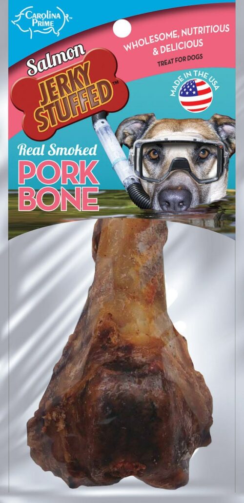 Front of Carolina Prime Pet Salmon Jerky Stuffed Smoked Pork Bone dog treats package.