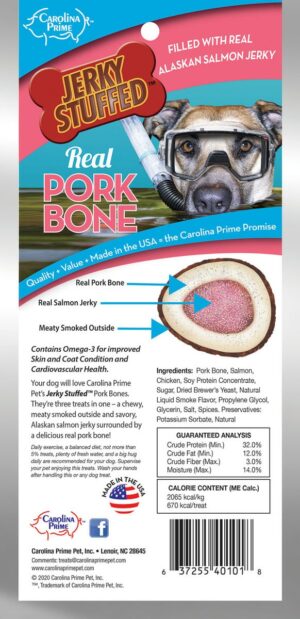 Back of Carolina Prime Pet Salmon Jerky Stuffed Smoked Pork Femur dog treats package.