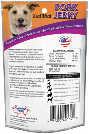 Back of Carolina Prime Pet Pork Jerky dog treats package.