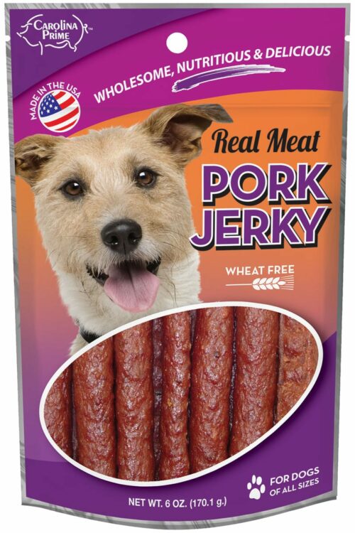 Front of Carolina Prime Pet Pork Jerky dog treats package.