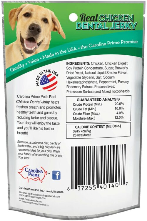 Back of Carolina Prime Pet Dental Jerky dog treats package.