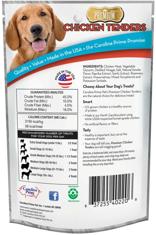 Back of Carolina Prime Pet Chicken Tenders dog treats package.