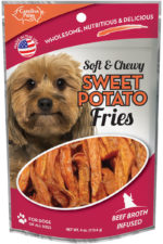 Front of Carolina Prime Pet Beef Broth Infused Sweet Potato Fries dog treats package.
