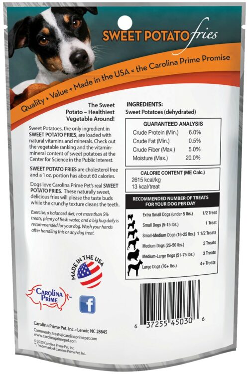 Back of Carolina Prime Pet Sweet Potato Fries dog treats package.