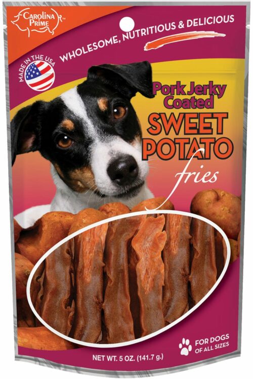 Front of Carolina Prime Pet Pork Jerky Coated Sweet Potato Fries dog treats package.