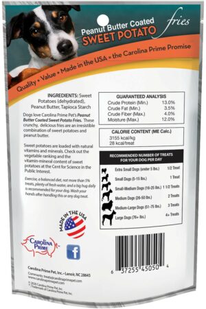 Back of Carolina Prime Pet Peanut Butter Coated Sweet Potato Fries dog treats package.