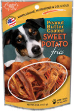 Front of Carolina Prime Pet Peanut Butter Coated Sweet Potato Fries dog treats package.