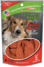 Front of Carolina Prime Pet Chicken Breast & Sweet Potato Fillets dog treats package.