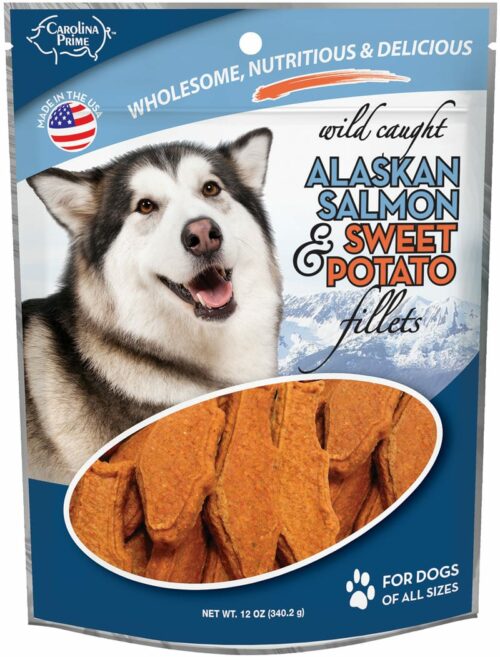 Front of Carolina Prime Pet Salmon and Sweet Potato Fillets dog treats package.
