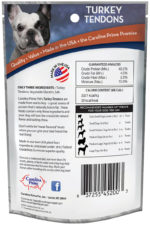Back of Image of Carolina Prime Pet Turkey Tendons dog treats package.