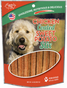 Front of Carolina Prime Pet Chicken Coated Sweet Potato Stix dog treats package 12 oz.