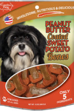 Front of Carolina Prime Pet Peanut Butter Coated Sweet Potato Bones dog treats package.